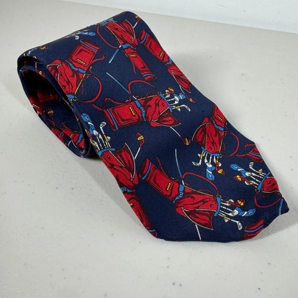Arturo Nucci Silk Golf Novelty Tie Navy Red Golf Bag Print Necktie Funky Style